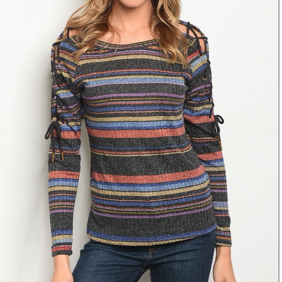 Multi Color Stripe Tie Sleeve Top - Picture 6 of 7